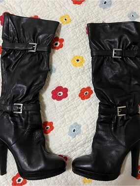 MICHAEL KORS Leather Stiletto Boots - Black - Zipper - 6.5 M Sz - EUC - Buckles